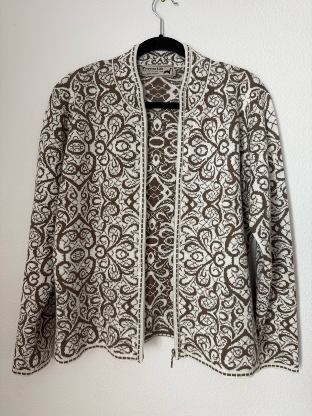 Peruvian Link Alpaca Blend Brown and Cream Patterned Cardigan Sweater Size L